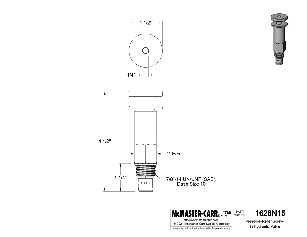 Technical Drawing of Screw-In Hydraulic Pressure-Relief Valve, 7/8"-14 Thread, 300-2000 PSI Set Pressure.